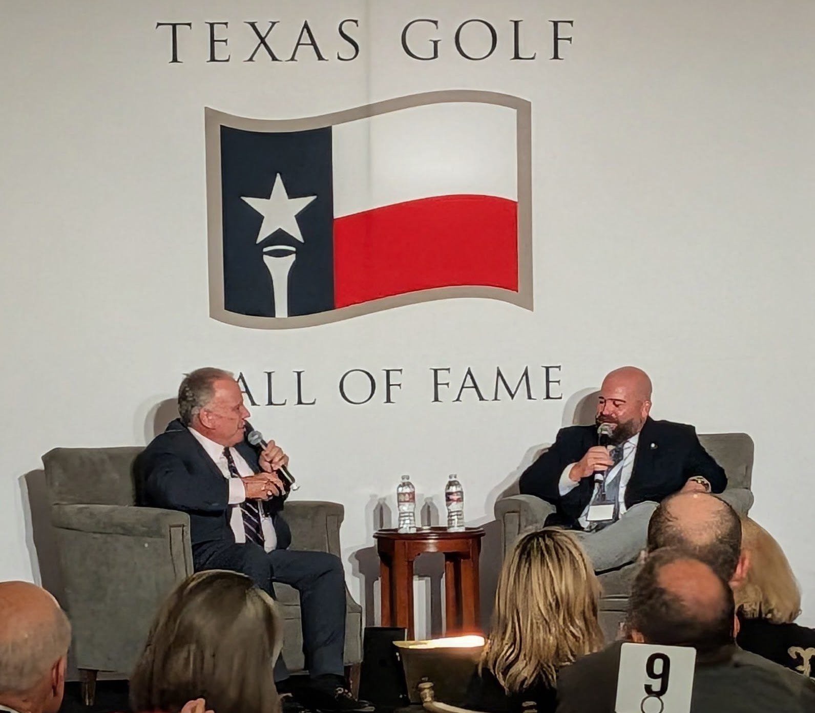 Dave Marr III interviews Colt Knost during the 2026 Texas Golf Hall of Fame induction ceremonies at San Antonio Country Club. 