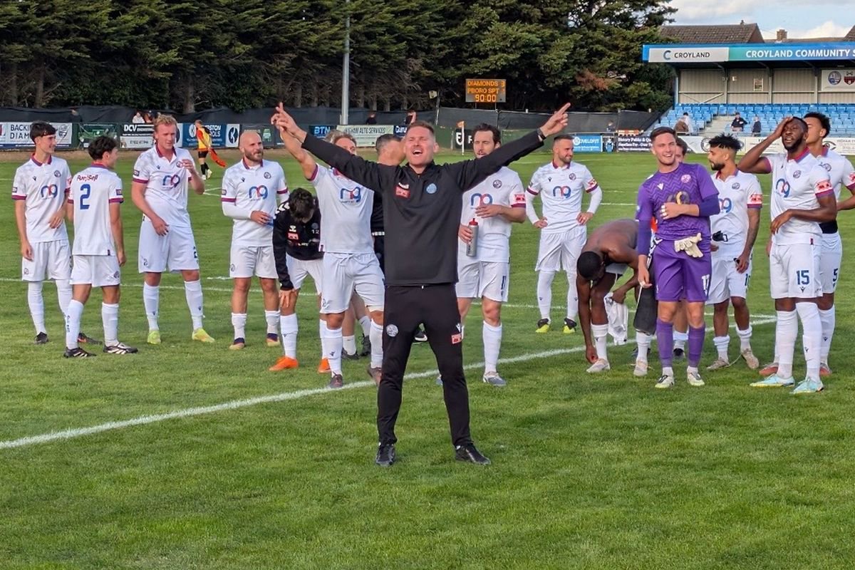 Elliot Sandy with his AFC Rushden & Diamonds team after their FA Cup heroics