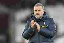 Ange Postecoglou of Tottenham Hotspur applauds the fans during the Premier League match between West Ham United and Tottenham Hotspur at London Sta...