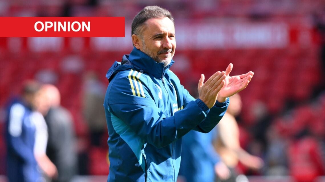 Vitor Pereira celebrates at the City Ground after Nottingham Forest win a Premier League game in May 2026. An 'opinion' banner has been added.