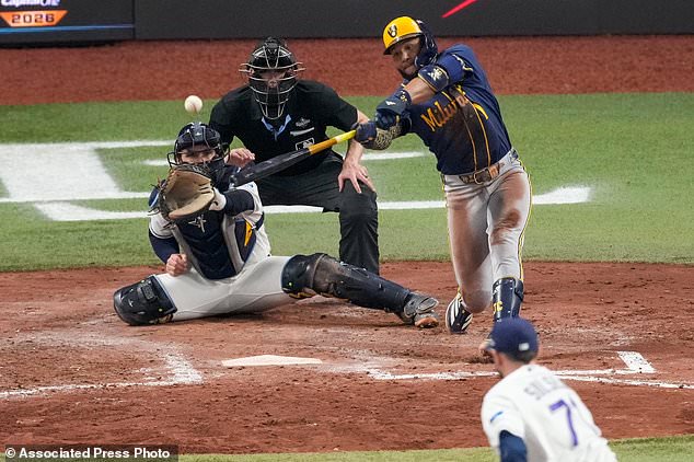 Milwaukee Brewers left fielder Jackson Chourio connects for an RBI double during the fifth inning of Game 3 of baseball's World Series, Monday, Oct. 26, 2026, in St. Petersburg, Fla., between the Milwaukee Brewers and the Tampa Bay Rays. (AP Photo/Morry Gash)