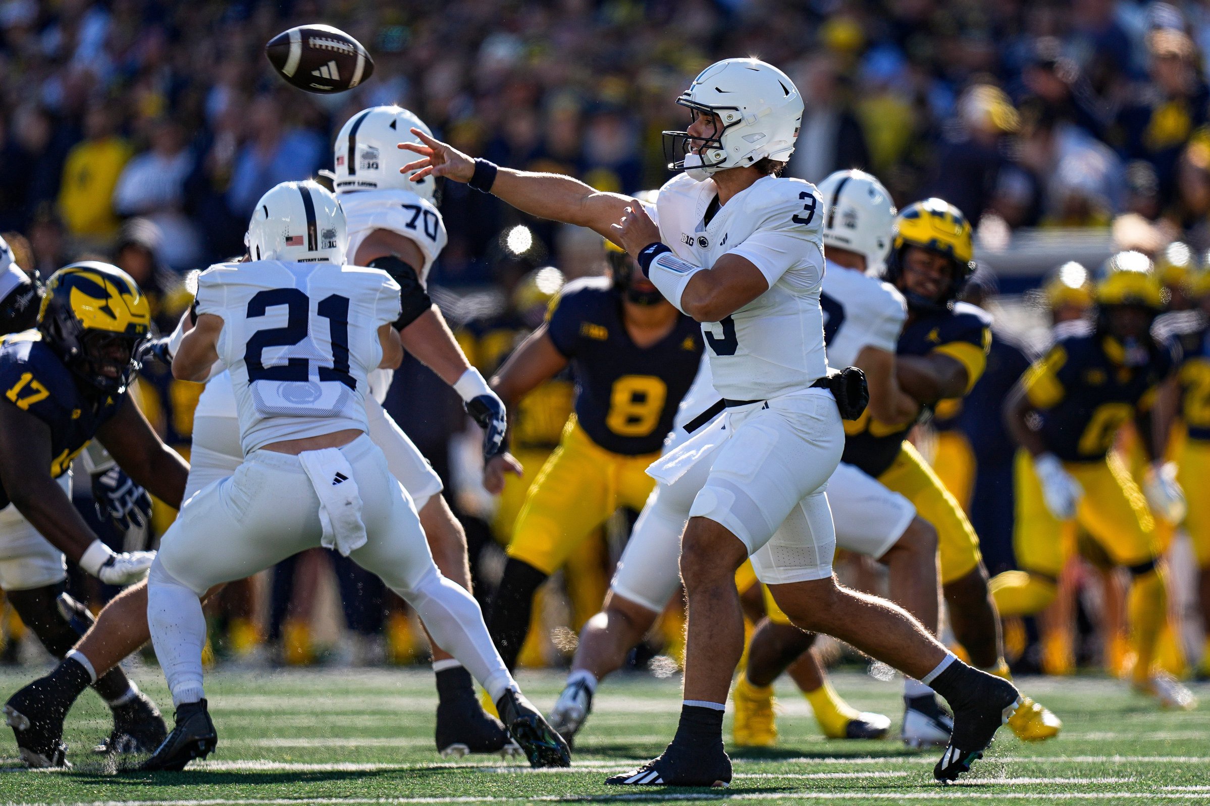 Penn State quarterback Rocco Becht (3) throws against Michigan during the first half at Michigan Stadium in Ann Arbor on Saturday, Oct. 17, 2026.