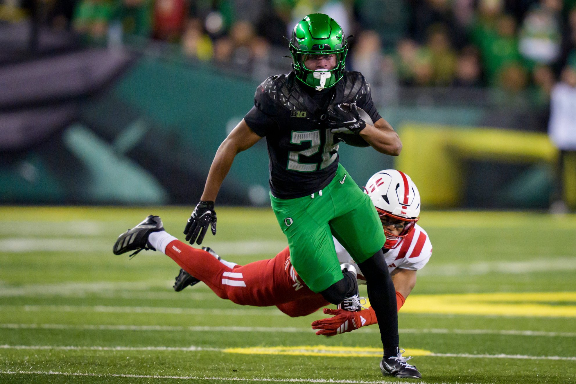 Oregon Ducks running back Brandon Smith carries the ball as the Oregon Ducks host the Nebraska Cornhuskers on Oct. 17, 2026, at Autzen Stadium in Eugene, Oregon.
