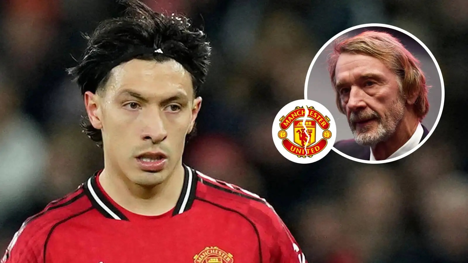 Lisandro Martinez, Manchester United badge and Sir Jim Ratcliffe - copyright TEAMtalk