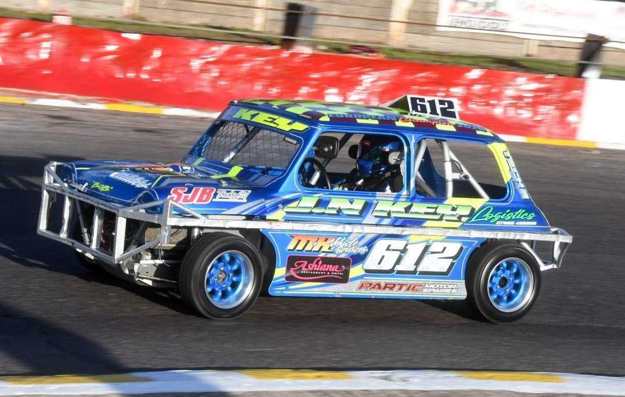 Charlie Key on his way to glory at Skegness Raceway as he won the National Ministox (Gold Roof) National Championship.