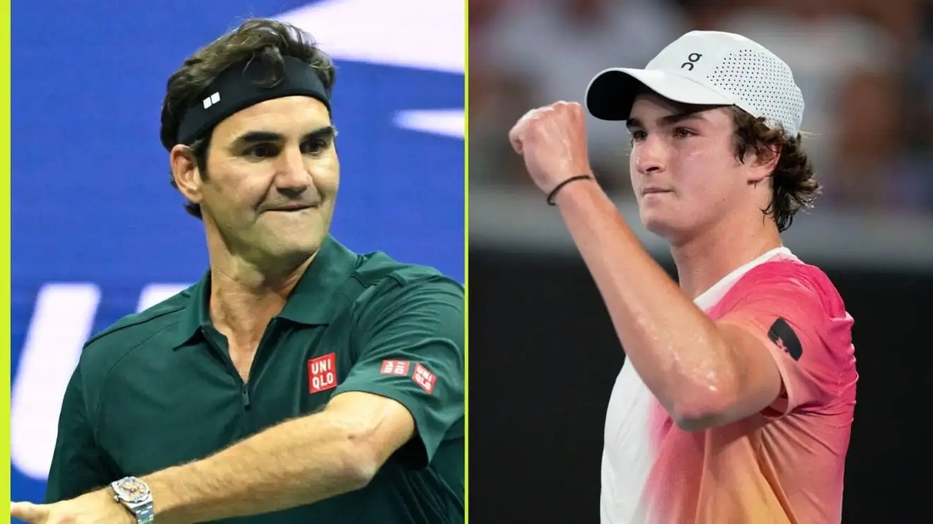 Pictured: Roger Federer and Joao Fonseca in action