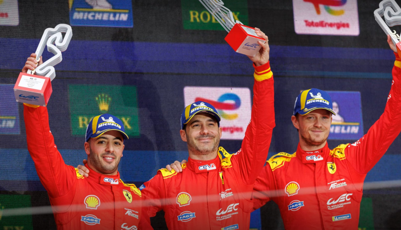 Antonio Fuoco, Miguel Molina e Nicklas Nielsen no pódio em Barcelona