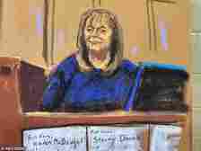 Rhona Graff testifies during former U.S. President Donald Trump's criminal trial on charges that he falsified business records to conceal money paid to silence porn star Stormy Daniels in 2016, in Manhattan state court in New York City, U.S. April 26, 2024, in this courtroom sketch