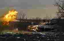 A Ukrainian tank fires at Russian positions in Chasiv Yar in the Donetsk region of Ukraine