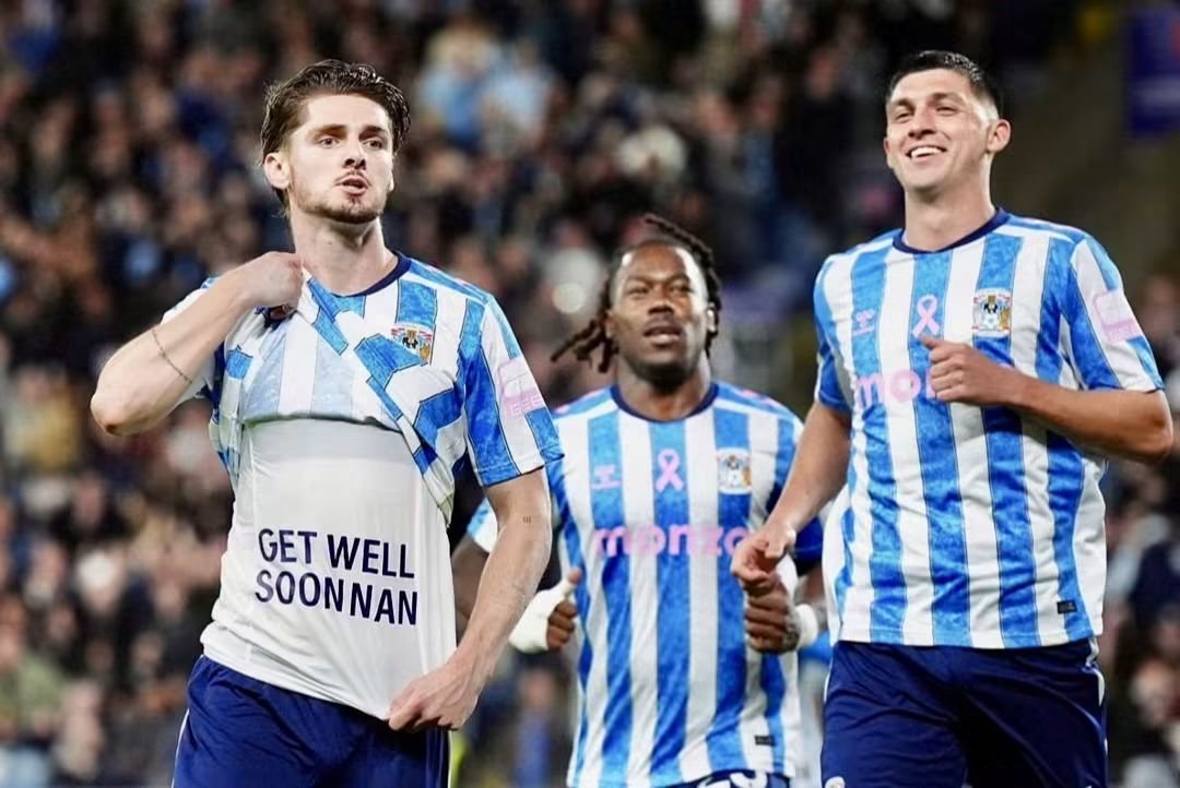 Coventry City players celebrate against Newcastle United.