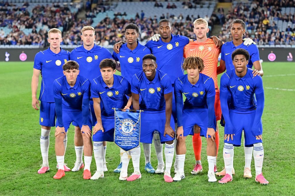 Players of Chelsea FC pose for a team photo before the Sydney Super Cup match between Western Sydney Wanderers and Chelsea FC