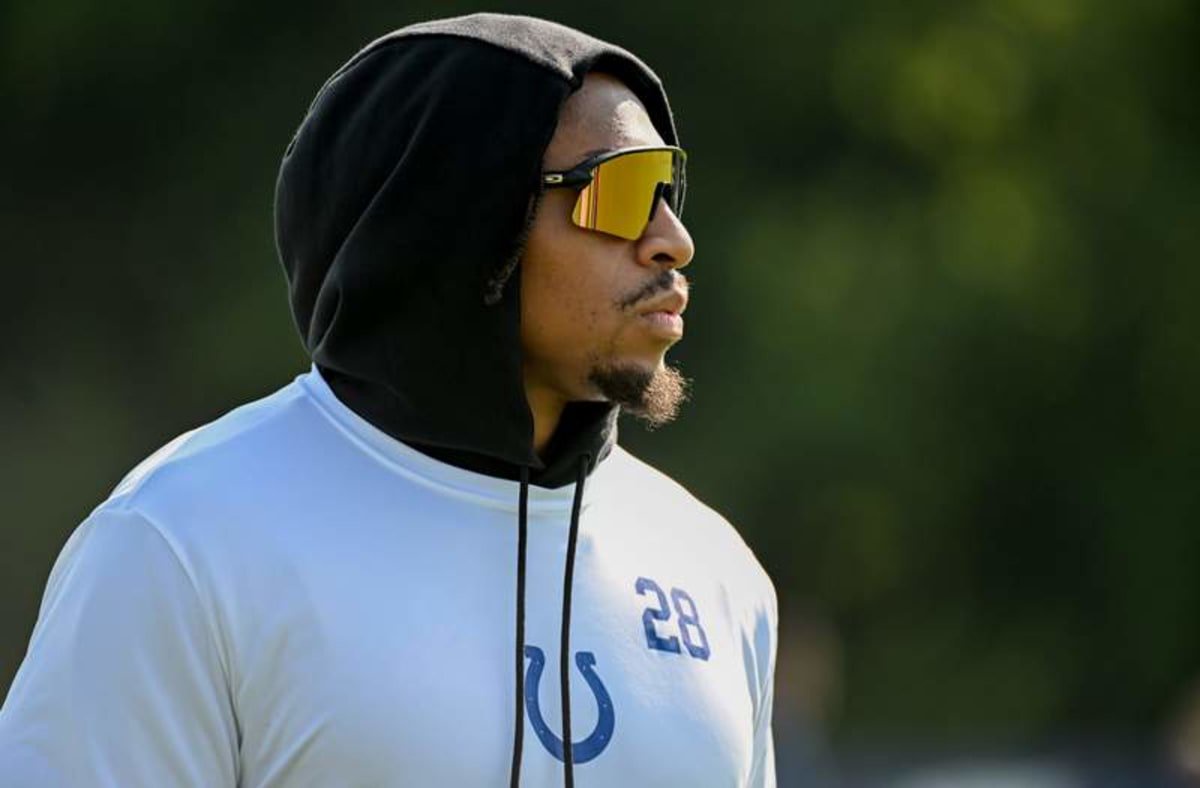 Jul 31, 2026; Westfield, IN, USA; Indianapolis Colts running back Jonathan Taylor (28) is seen on day three of training camp at Grand Park Sports Campus. © Robert Goddin-Imagn Images