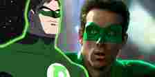 Split image of animated Hal Jordan and live-action Hal Jordan played by Ryan Reynolds in the Green Lantern movie