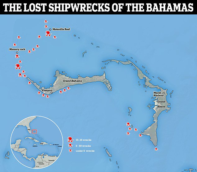 The hidden shipwrecks of the Bermuda Triangle: 176 vessels that sank off Bahamas while carrying gold, sugar and tobacco between 1526 and 1976 are revealed on new map