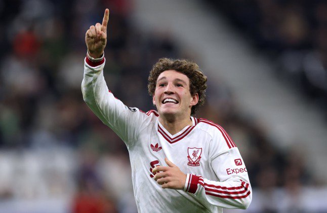 *** BESTPIX *** LINZ, AUSTRIA - OCTOBER 14: Lewis Koumas of Liverpool celebrates scoring his team???s sixth goal during the UEFA Champions League 2026/27 League Phase MD2 match between LASK and Liverpool FC at Ober??sterreich Arena on October 14, 2026 in Linz, Austria. (Photo by Alexander Hassenstein/Getty Images)