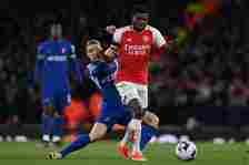 Arsenal midfielder Thomas Partey battles with Conor Gallagher of Chelsea for possession 