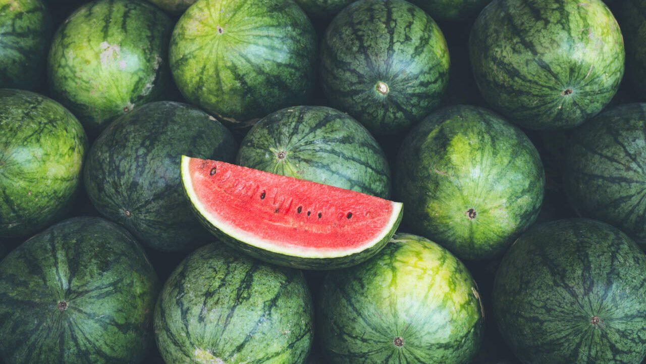 large, whole watermelons and a sliced watermelon on top