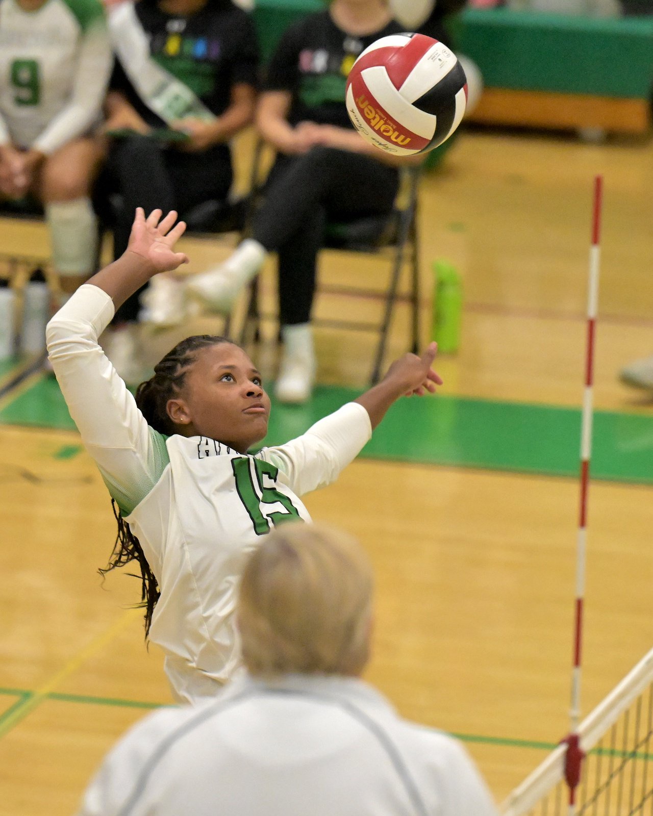 Arundel Wildcats Imani Monroe #15 gets the kill in the second set. The Arundel Wildcats defeated the visiting Crofton Cardinals in three sets in their high school volleyball match Tuesday evening. (Paul W. Gillespie/Staff)
