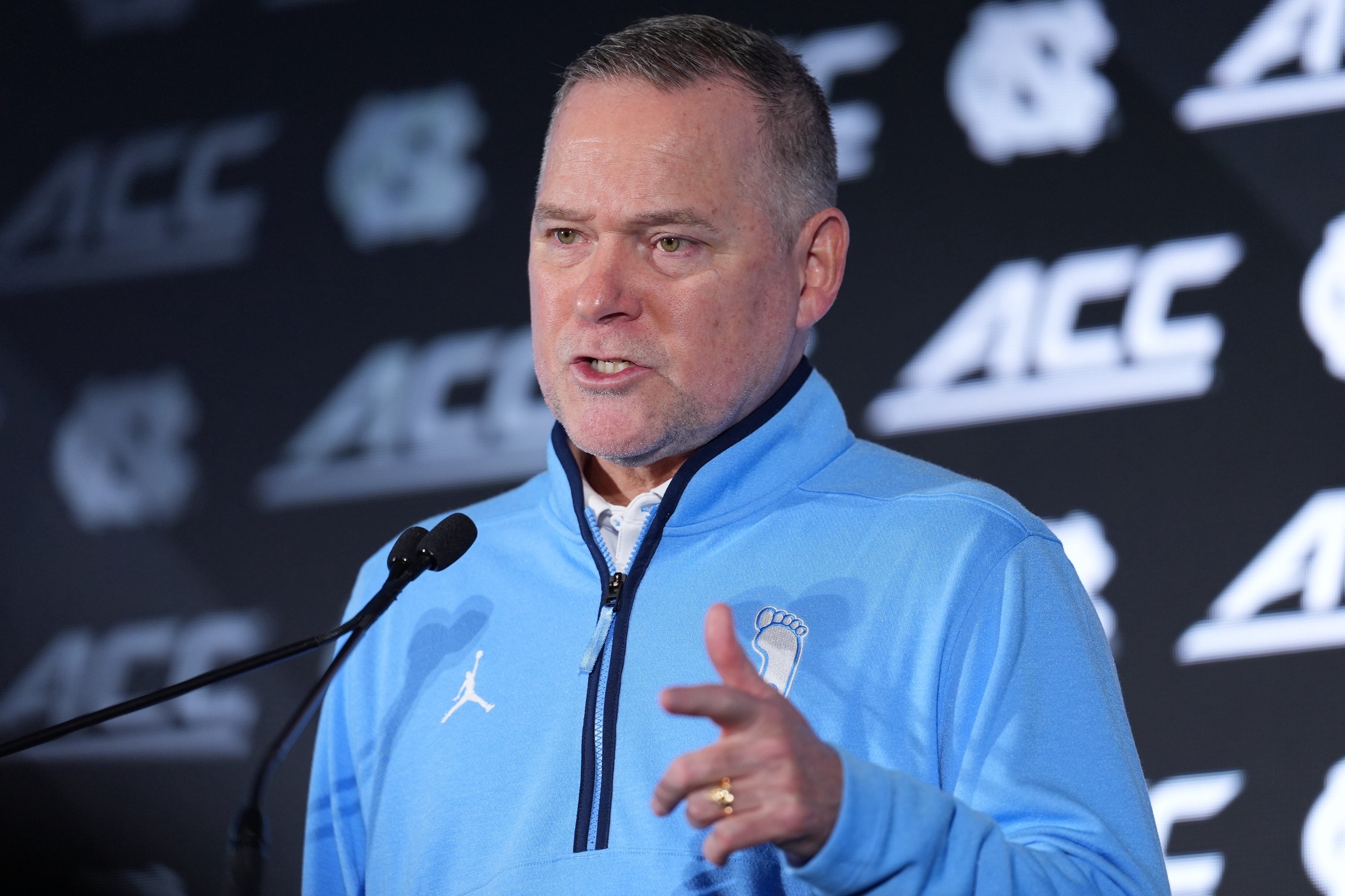 Oct 7, 2026; Charlotte, NC, USA;  North Carolina Tar Heels head coach Michael Malone answers questions from the media during the ACC Tip-Off in Charlotte, NC.  Mandatory Credit: Jim Dedmon-Imagn Images