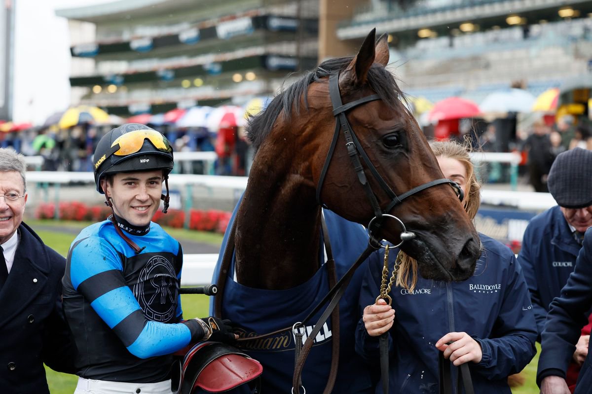 Dylan Browne McMonagle with Giant Sequoia in the winners' enclosure after winning the William Hill Futurity Trophy Stakes at Doncaster 