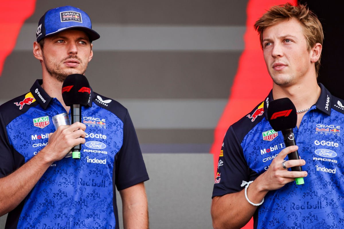 An image of F1 stars Max Verstappen and Liam Lawson during a media appearance in 2026 — Photo: © IMAGO