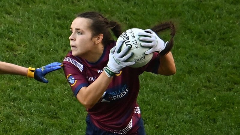 20 December 2020; Rachel Dillon of Westmeath in action against Megan Thynne of Meath during the TG4 All-Ireland Intermediate Ladies Football Championship Final match between Meath and Westmeath at Croke Park in Dublin. Photo by Sam Barnes/Sportsfile