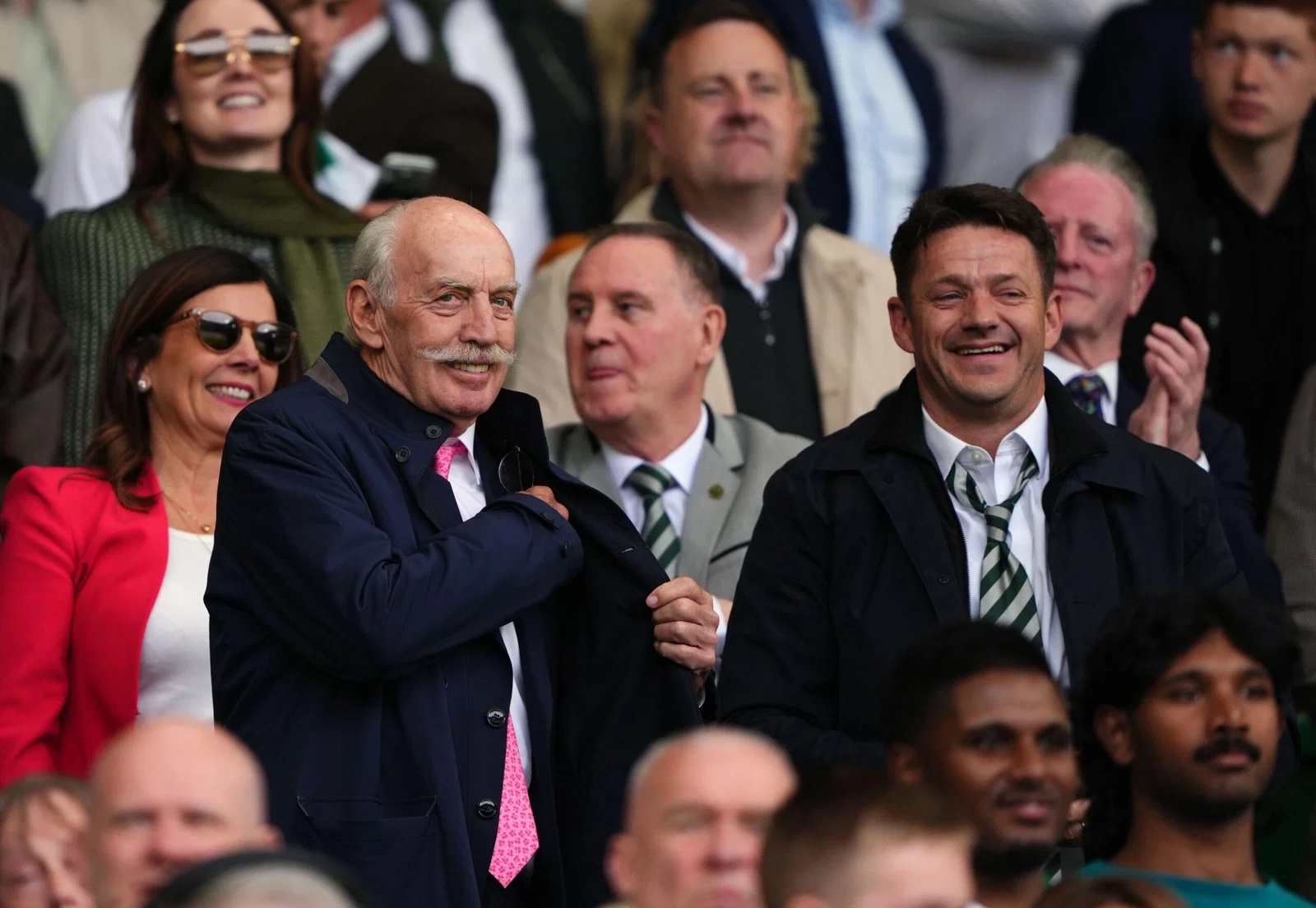 Celtic principal shareholder Dermot Desmond among a group of people at Celtic Park after the Premiership match in May 2026