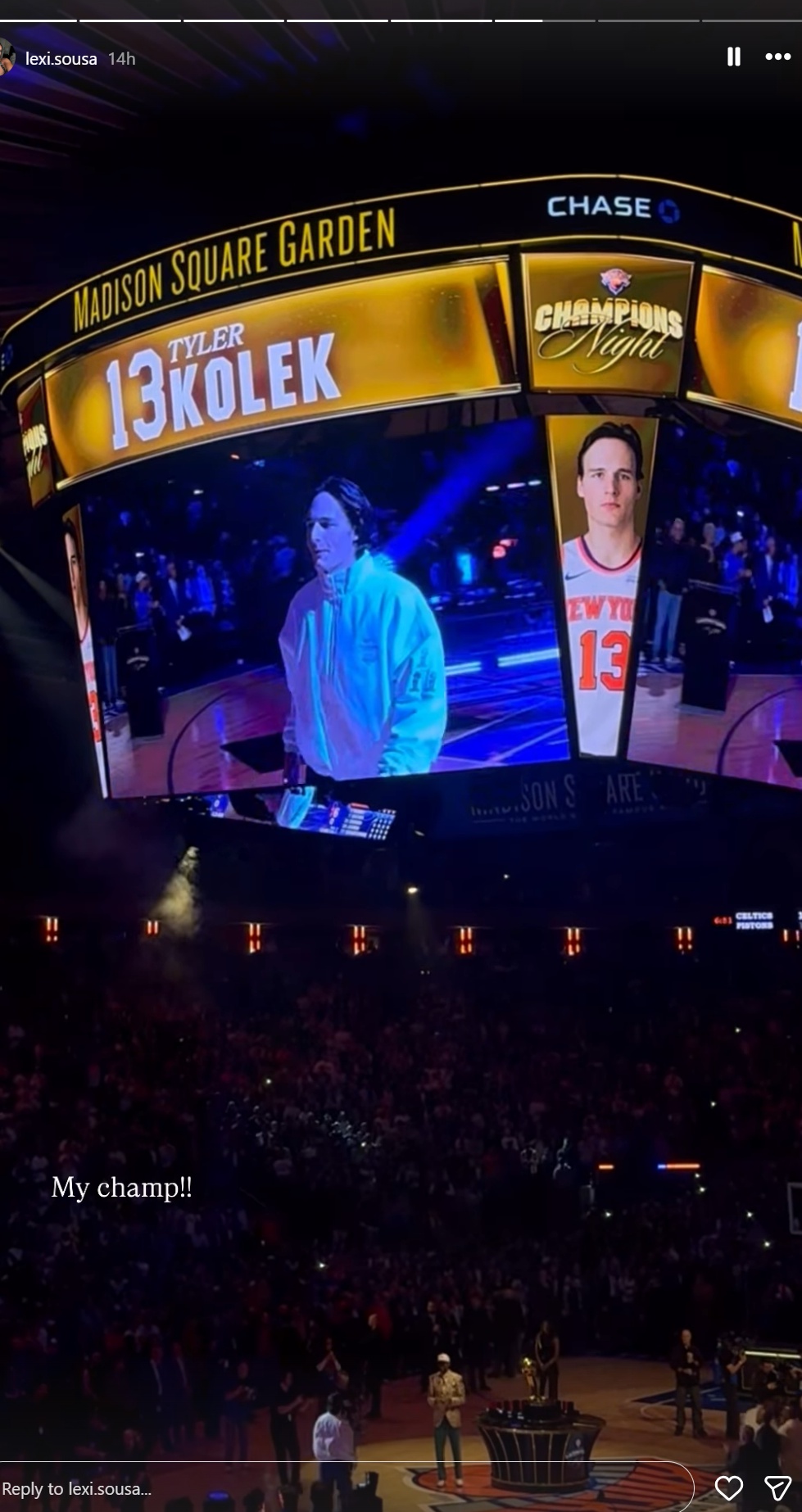Lexi Sousa posts a video of Tyler Kolek walking out to get his Knicks championship ring. 