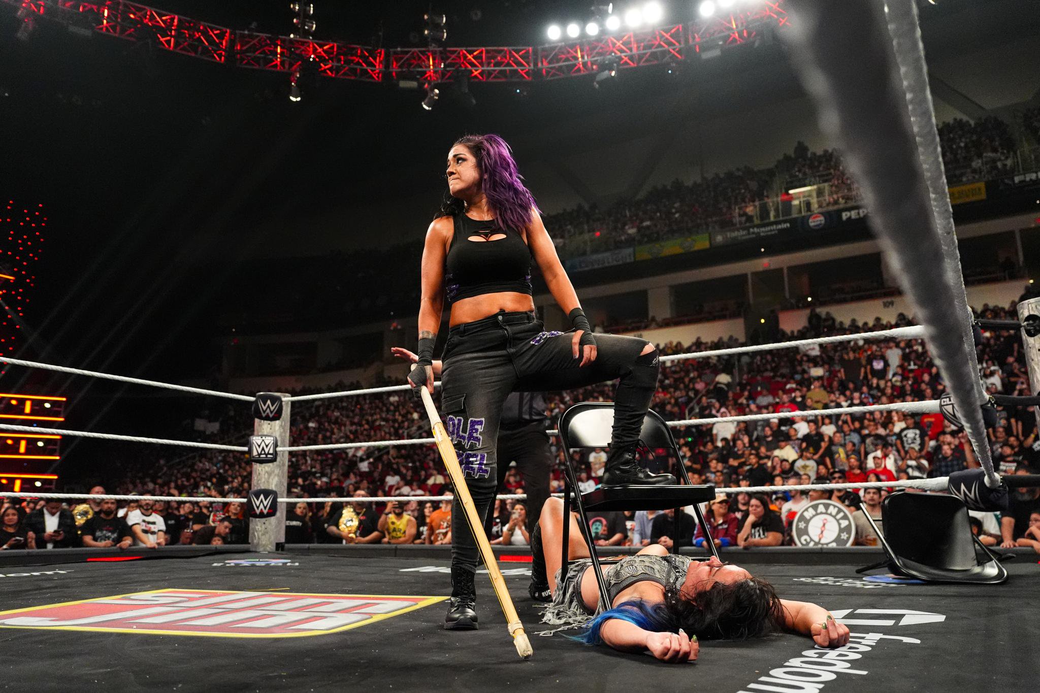 Bayley looks on over Lyra Valkyria during Monday Night RAW at Save Mart Center on October 26, 2026 in Fresno, California.