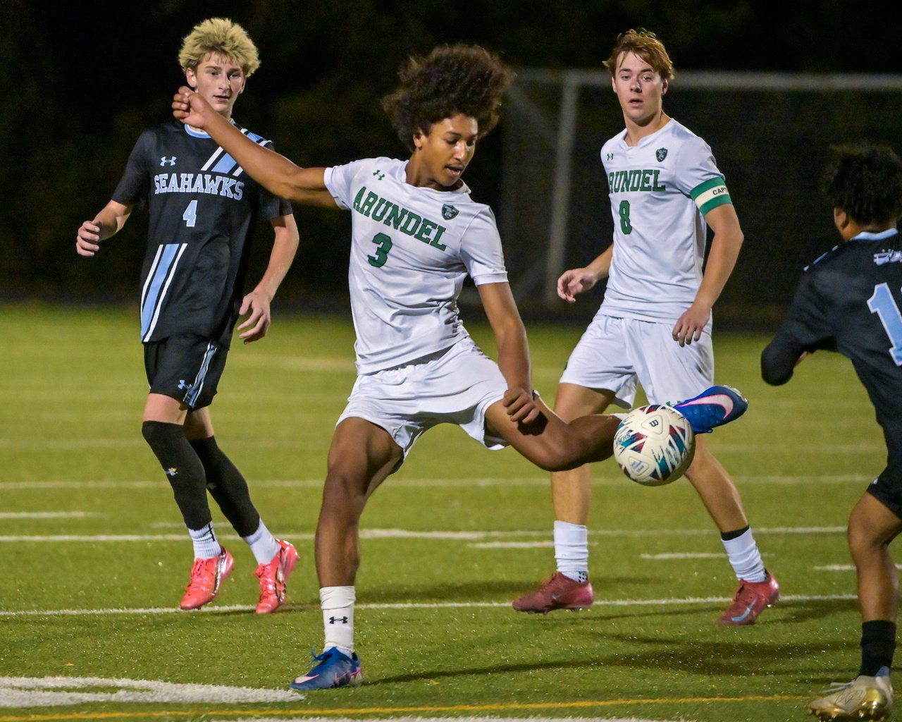 Arundel Wildcats Jai Killebrew #3 kicks the ball during the first half. The visiting Arundel Wildcats defeat the South River Seahawks, 2-1, in overtime in an MPSSAA Class 3A East II quarterfinal boys soccer game Wednesday evening. (Paul W. Gillespie/Staff)
