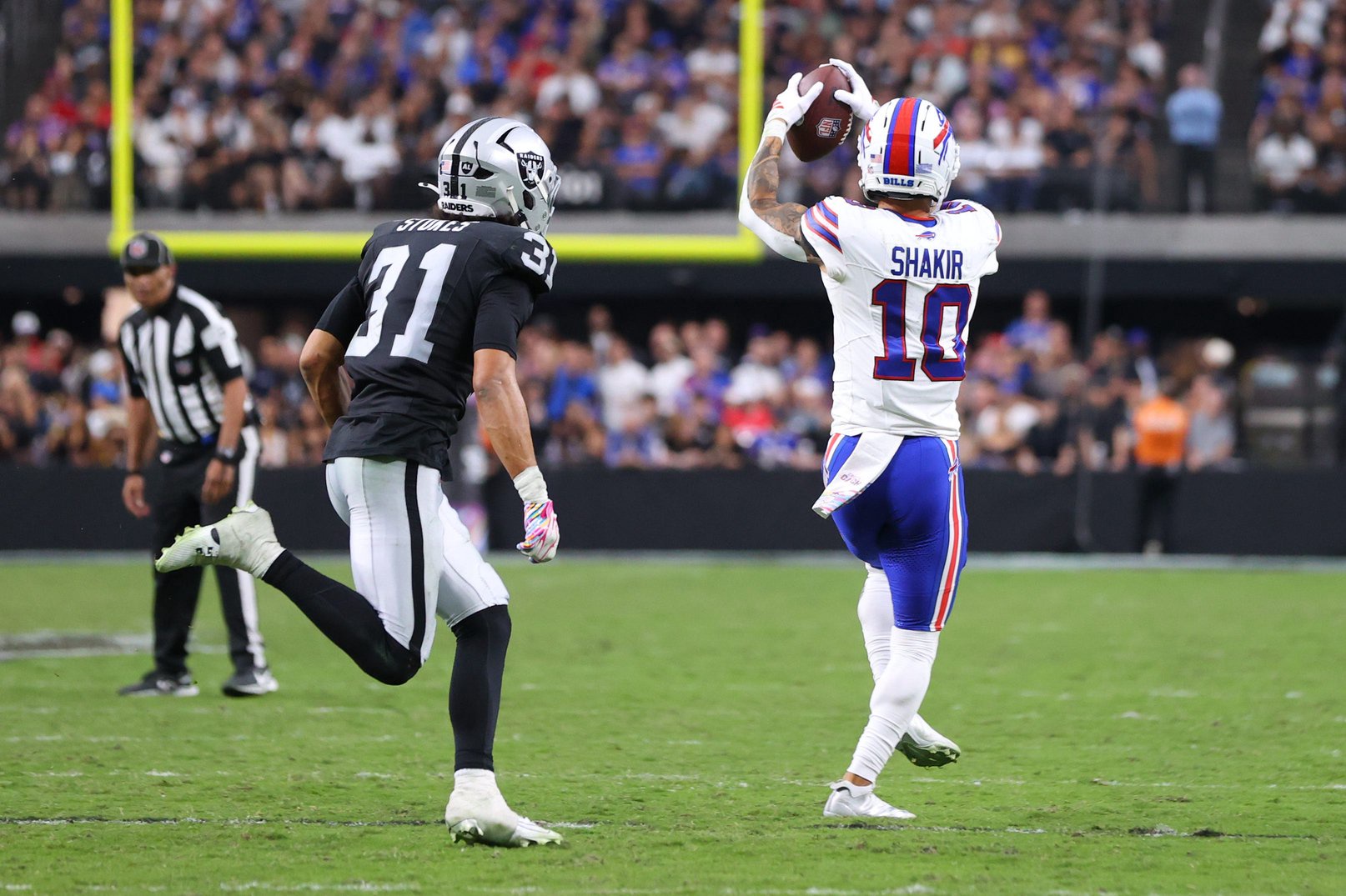 Oct 18, 2026; Paradise, Nevada, USA;  Buffalo Bills wide receiver Khalil Shakir (10) makes a catch in the fourth quarter against the Las Vegas Raiders at Allegiant Stadium.  Mandatory Credit: Christopher Trim-Imagn Images