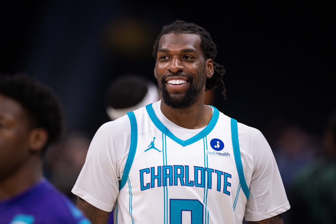 Oct 11, 2026; Charlotte, North Carolina, USA;  Charlotte Hornets center Naz Reid (0) looks on during warm ups against the Milwaukee Bucks at Spectrum Center.  Mandatory Credit: Scott Kinser-Imagn Images