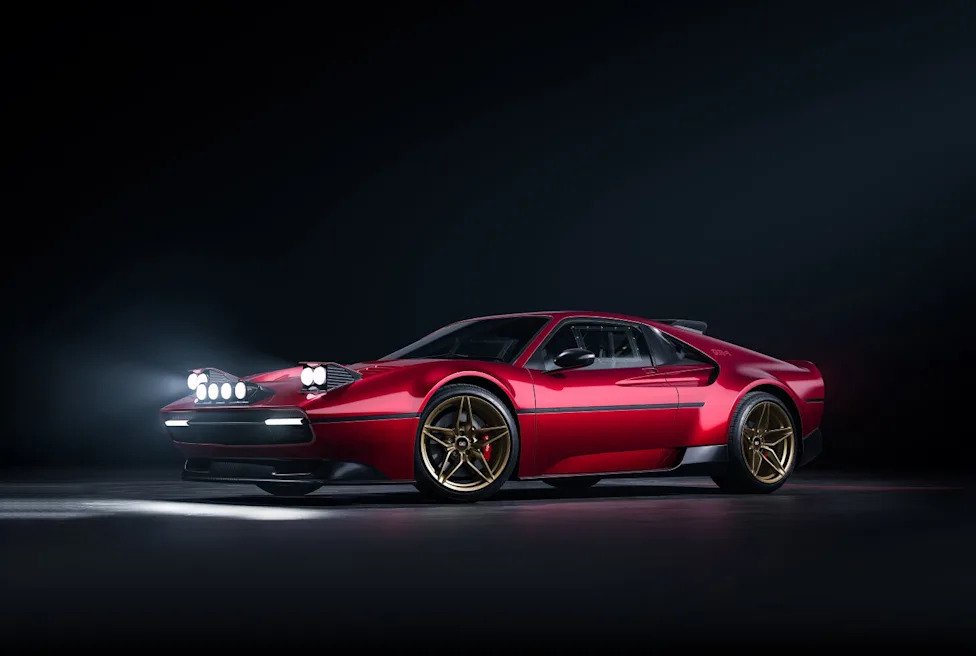 Sleek red sports car with off-road lights and gold wheels set against a dark backdrop.