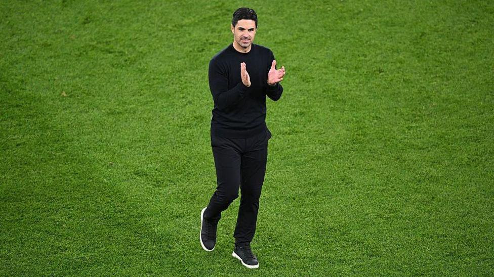 Mikel Arteta, manager of Arsenal, applauds fans