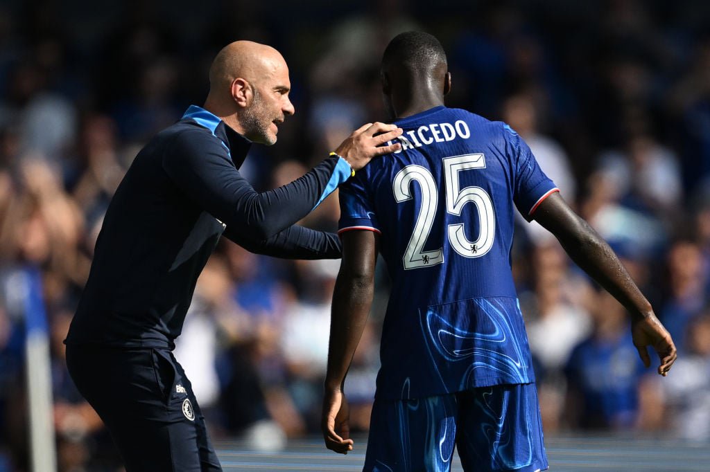 Chelsea Head Coach / Manager Enzo Maresca reacts to Moises Caicedo of Chelsea during the pre-season friendly match between Chelsea and FC Internazi...