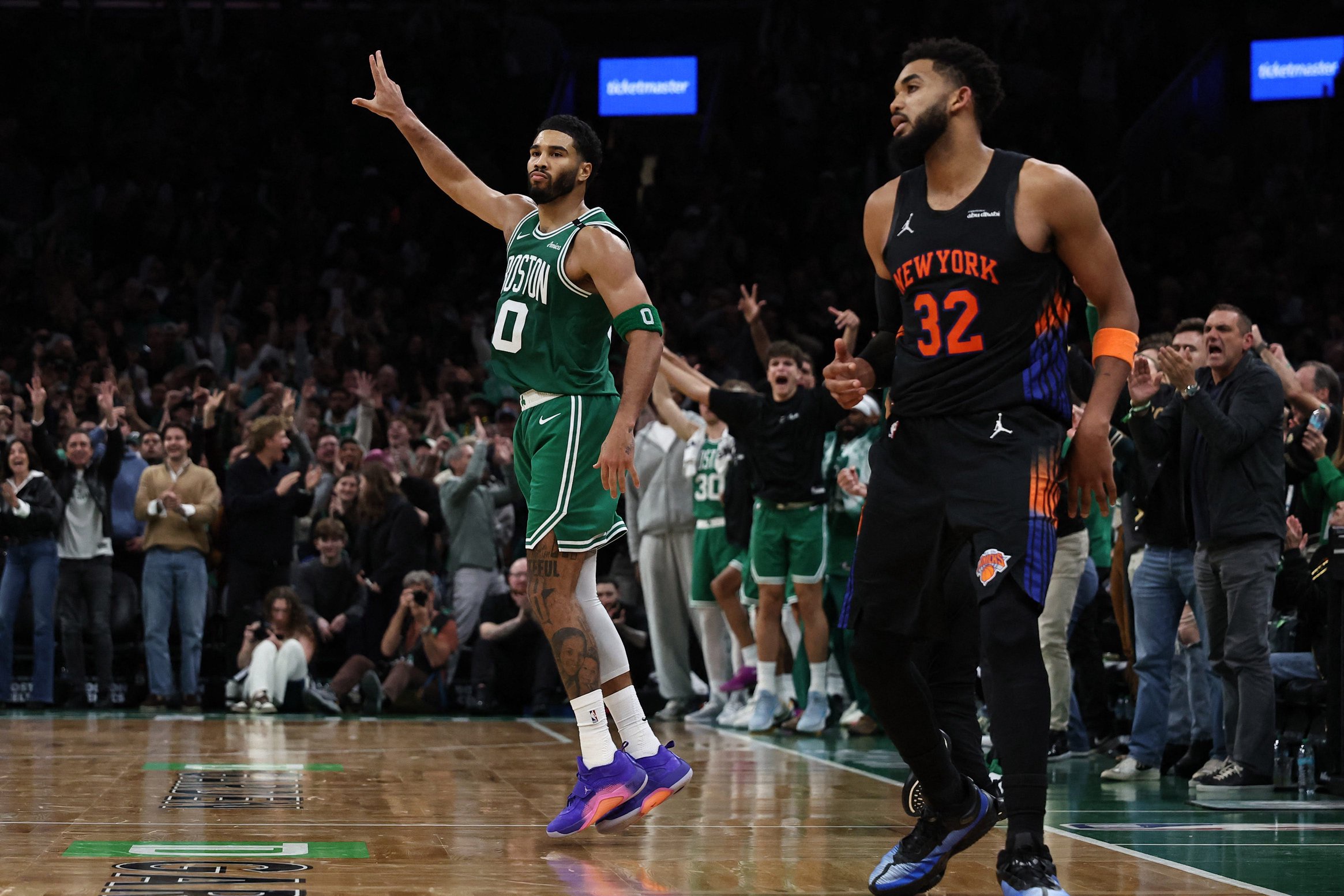 Oct 23, 2026; Boston, Massachusetts, USA; Boston Celtics forward Jayson Tatum (0) celebrates after making a three point basket against the New York Knicks during the second half at TD Garden. Mandatory Credit: Winslow Townson-Imagn Images