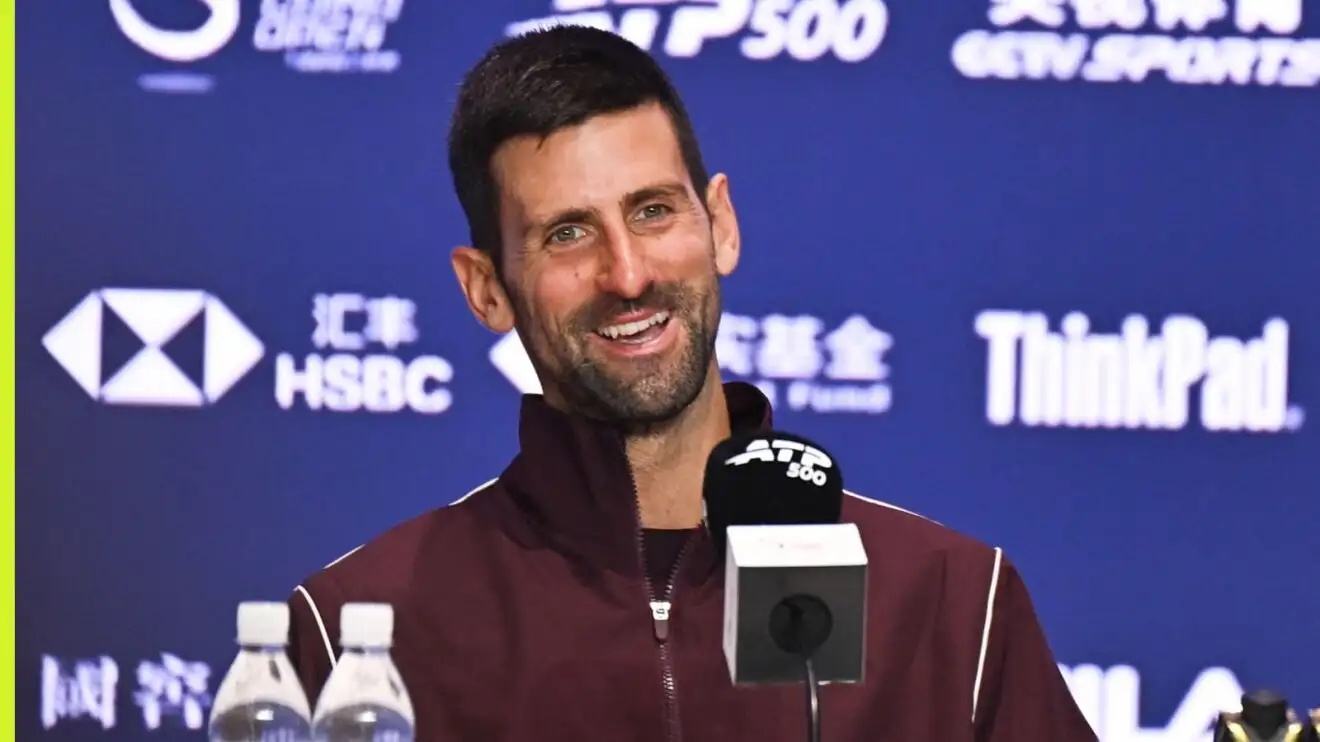 Pictured: Novak Djokovic speaks at a press conference