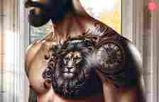 A man with a lion and clock tattoo on his chest and shoulder