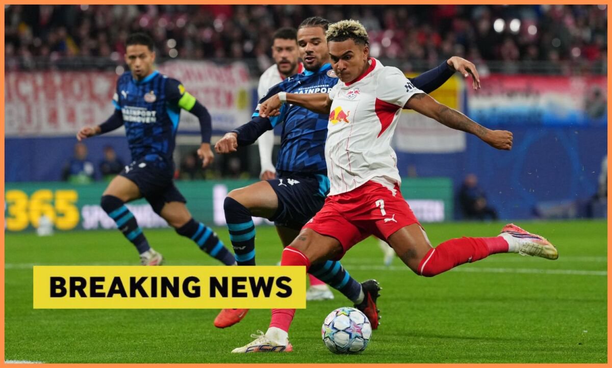 Antonio Nusa in action for RB Leipzig and breaking news banner