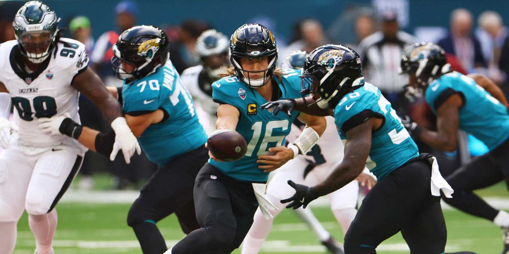 Trevor Lawrence in action during Jacksonville Jaguars vs Philadelphia Eagles