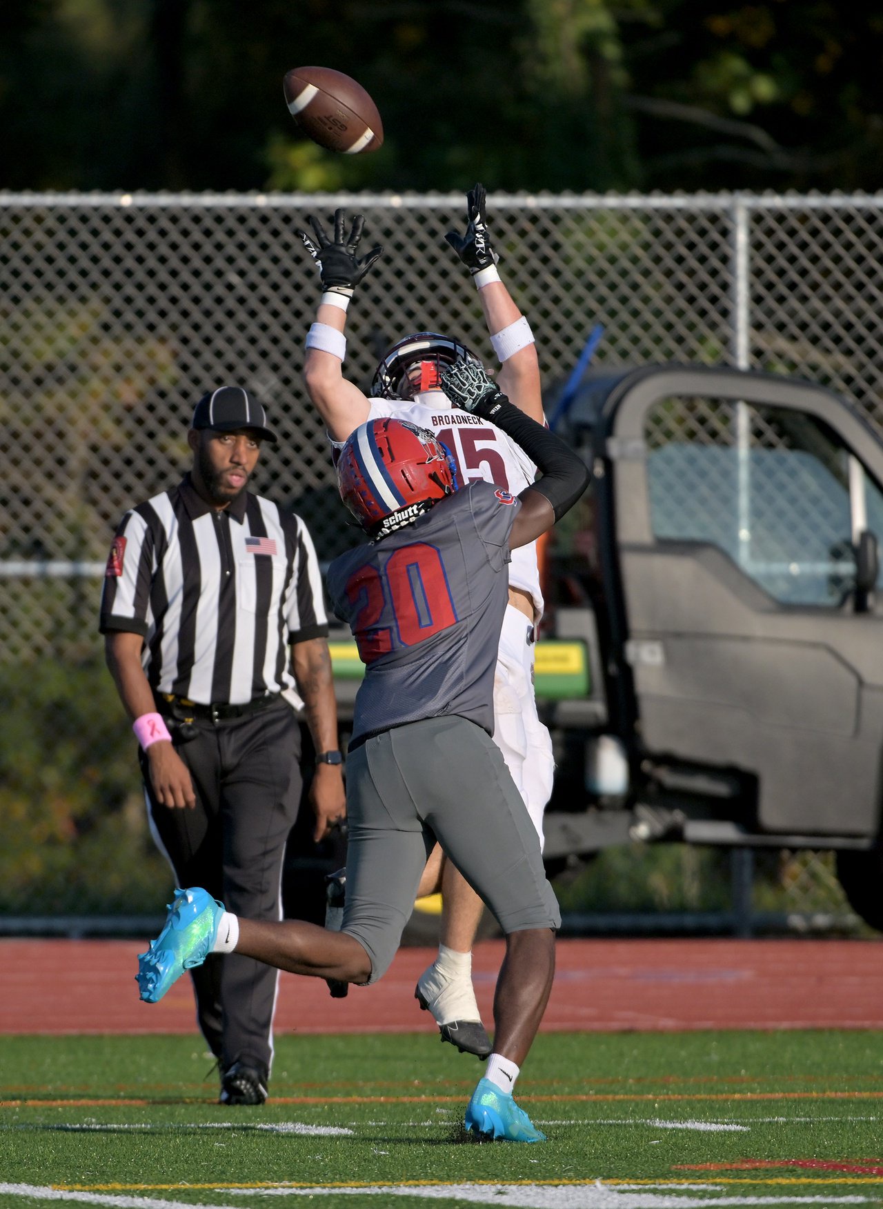 Broadneck Bruins Max Fresty #15 pulls in a big catch with Broadneck Bruins Matt Chaney #20 all over him in the first quarter. The Old Mill Patriots host the visiting Broadneck Bruins in high school football at the Severn Run High School. (Paul W. Gillespie/Staff)