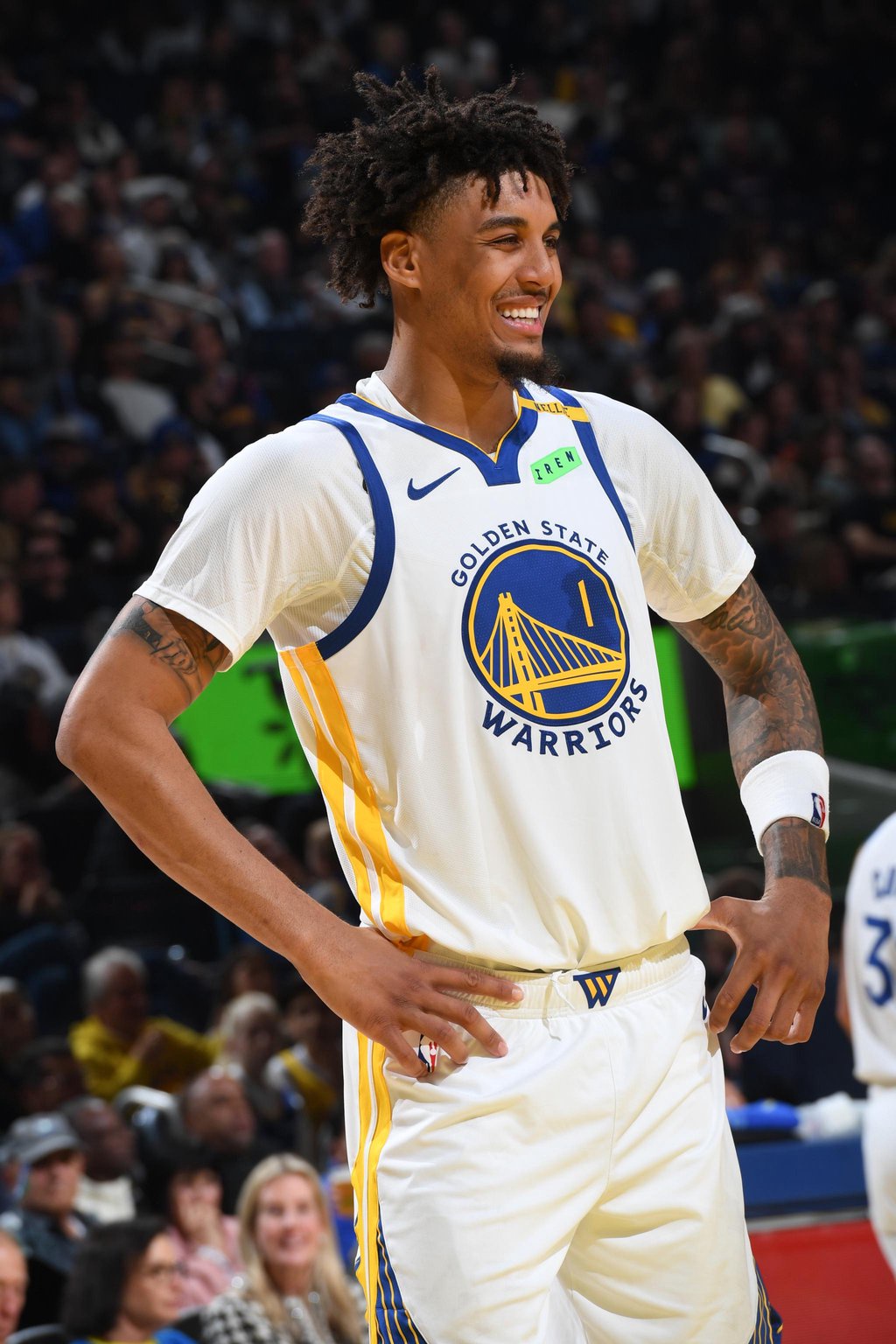 Yaxel Lendeborg of the Golden State Warriors smiling during a game against the Memphis Grizzlies.