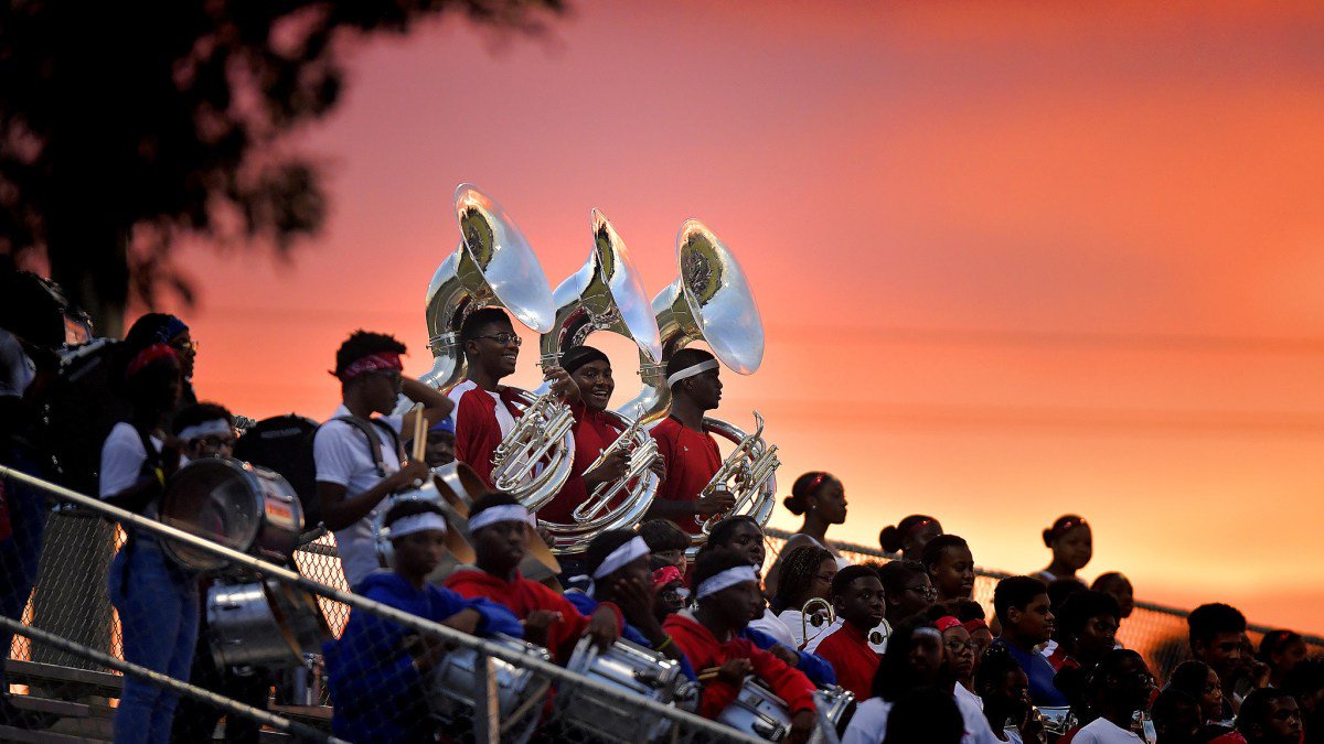 Miramar band members watch their football team play Plantation, Friday, September 14, 2018.