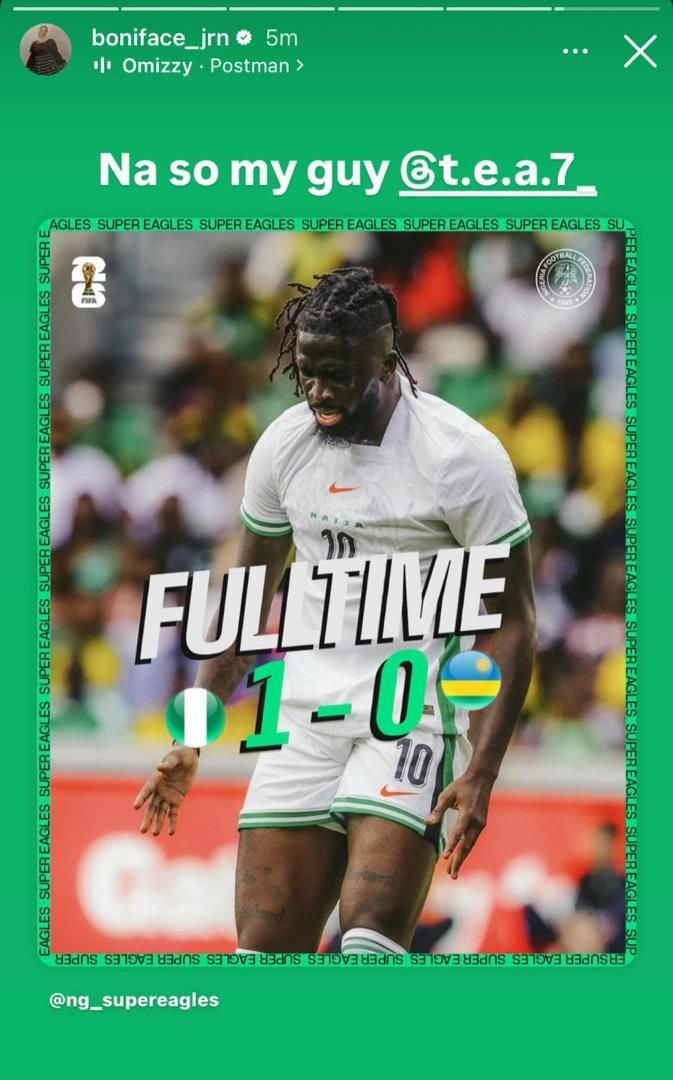 Boniface on Tolu Arokodare after scoring Nigeria's 1 0 goal versus Rwanda
