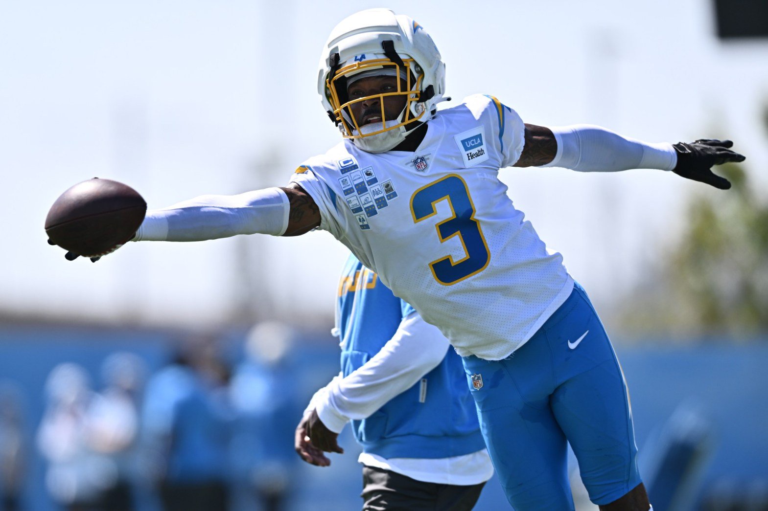 Versatile Chargers safety Derwin James Jr. might be placed on injured reserve after suffering a setback in his rehabilitation from a nagging hamstring injury that has limited him to three games this season. (AP Photo/William Liang)
