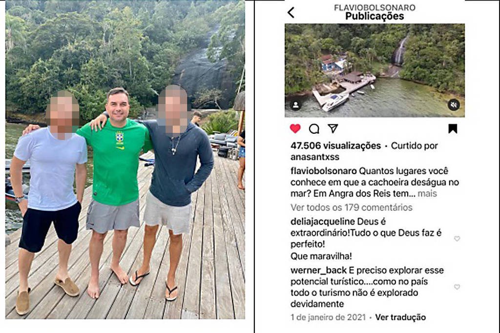 Três homens estão lado a lado em um deck de madeira próximo a uma cachoeira que deságua no mar, cercada por vegetação densa. O homem do centro veste camiseta verde com brasão da seleção brasileira e shorts claros, enquanto os outros dois usam camisetas e shorts escuros. Ao fundo, há casas e um píer sobre a água.