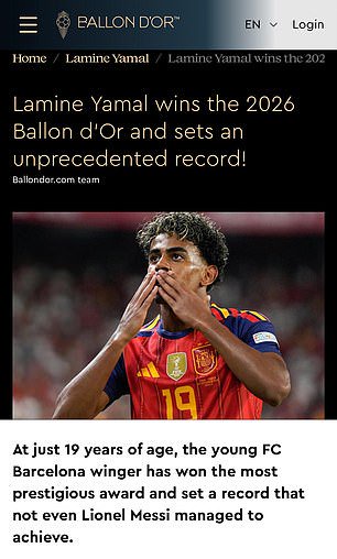 Lamine Yamal and Kylian Mbappe were also listed as winners on the website