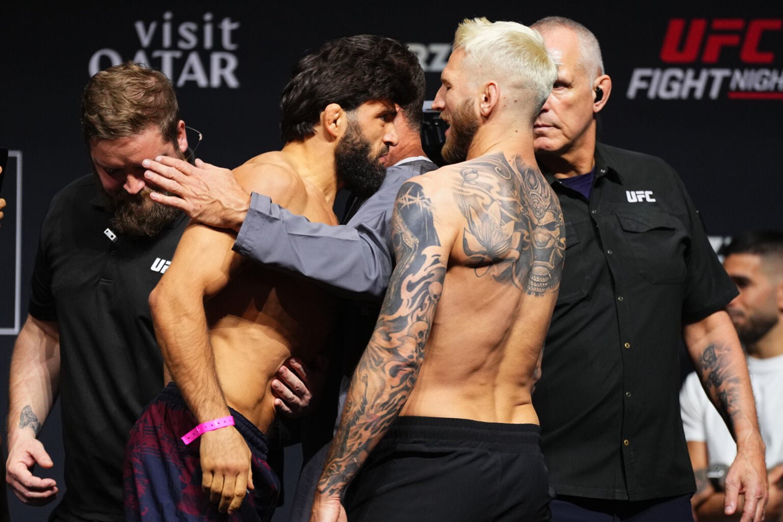 Arman Tsarukyan headbutts Dan Hooker at the UFC Qatar ceremonial weigh-ins