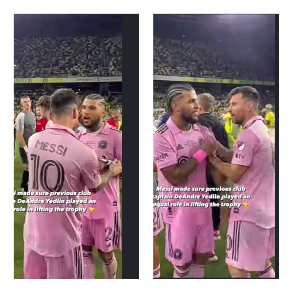 Lionel Messi gives Inter Miami's former skipper DeAndre Yedlin the  captain's armband before lifting Leagues Cup trophy together