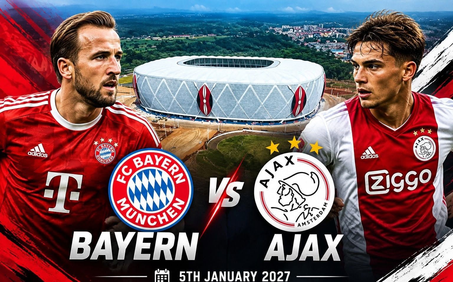 A poster of Bayern Munich facing Ajax at Talanta Stadium on January 5, 2026. PHOTO/https://www.facebook.com/profile.php?id=61579194295055